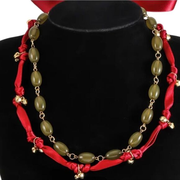 New Zara Green Beaded and Red cord Ribbon Necklaces Set Of 2 - Picture 8 of 10